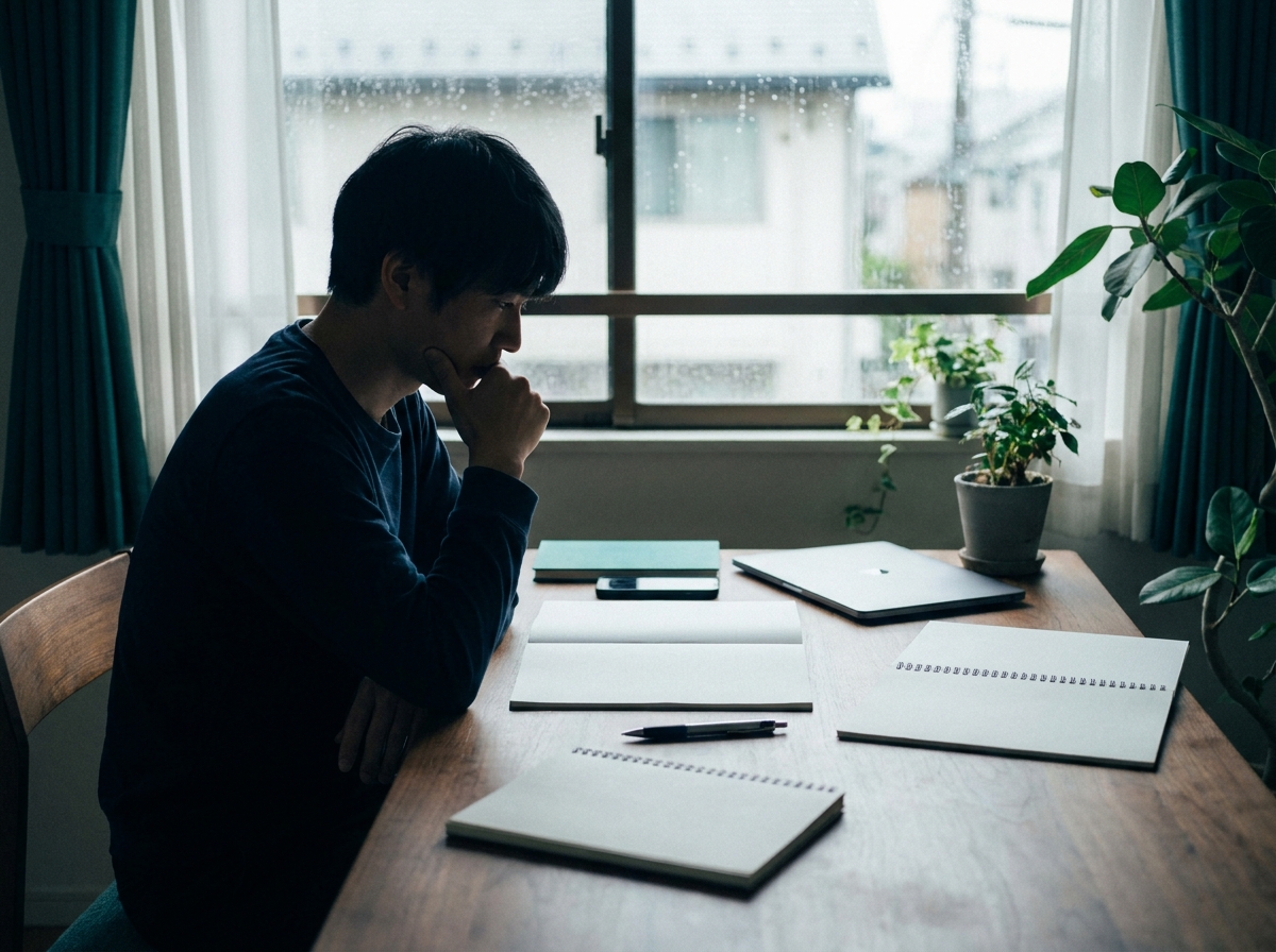 窓際の机でノートに向かい、転職の目的を考えている人
